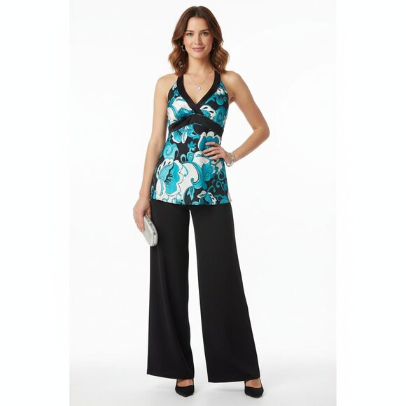 Cache 100% Silk Black White Blue Print Dark Floral Sleeveless Halter top 8 - Picture 9 of 9